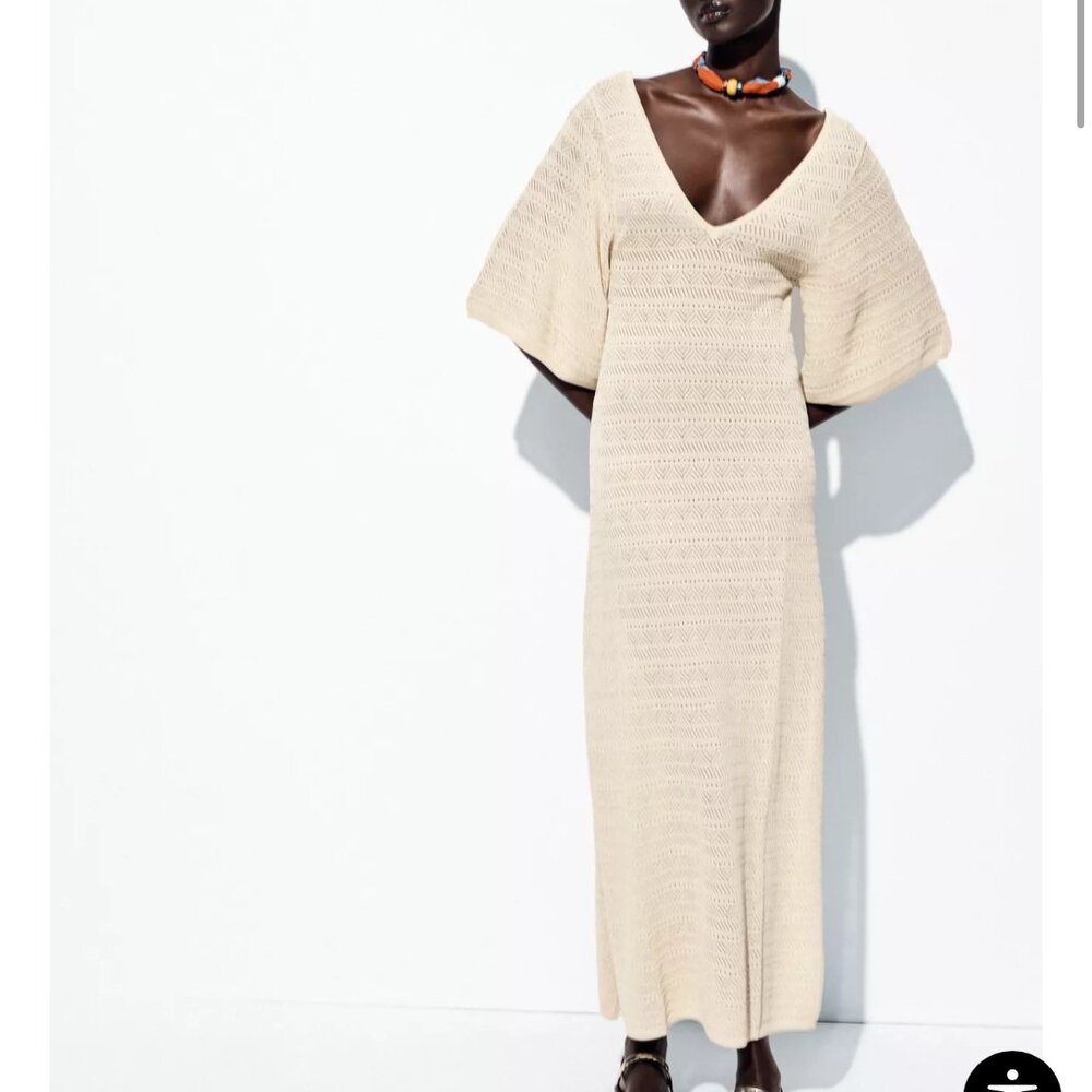 Zara POINTELLE KNIT MAXI DRESS Beige Size Large - NWT - Picture 1 of 3